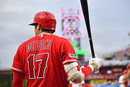 Aug 28, 2023; Philadelphia, Pennsylvania, USA; Los Angeles Angels designated hitter Shohei Ohtani (17) on deck against the Philadelphia Phillies at Citizens Bank Park. Mandatory Credit: Eric Hartline-USA TODAY Sports