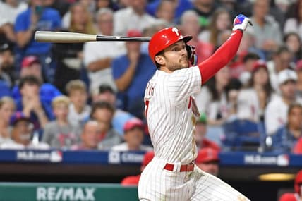 Aug 28, 2023; Philadelphia, Pennsylvania, USA; Philadelphia Phillies shortstop Trea Turner (7) against the Los Angeles Angels at Citizens Bank Park. Mandatory Credit: Eric Hartline-USA TODAY Sports