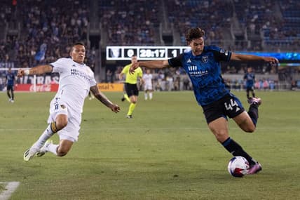 Aug 30, 2023; San Jose, California, USA;  San Jose Earthquakes forward Cade Cowell (44) controls the ball during the first half against Los Angeles Galaxy defender Calegari (2) at PayPal Park. Mandatory Credit: Stan Szeto-USA TODAY Sports
