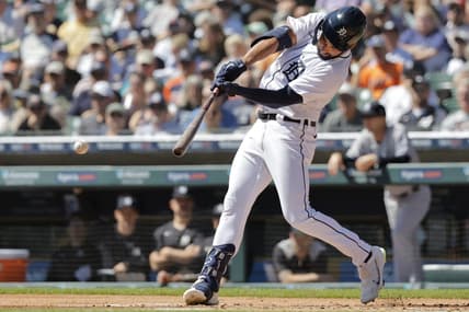 Aug 31, 2023; Detroit, Michigan, USA; Detroit Tigers center fielder Riley Greene (31) hits a single in the first inning against the New York Yankees at Comerica Park. Mandatory Credit: Rick Osentoski-USA TODAY Sports