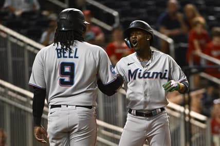 Aug 31, 2023; Washington, District of Columbia, USA; Miami Marlins center fielder Jazz Chisholm Jr. (2) celebrates with first baseman Josh Bell (9) after hitting a three run home run against the Washington Nationals during the fifth inning  at Nationals Park. Mandatory Credit: Brad Mills-USA TODAY Sports