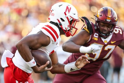 Aug 31, 2023; Minneapolis, Minnesota, USA; Nebraska Cornhuskers quarterback Jeff Sims (7) runs the ball against the Minnesota Golden Gophers during the first quarter at Huntington Bank Stadium. Mandatory Credit: Matt Krohn-USA TODAY Sports
