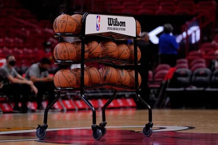 Oct 4, 2021; Miami, Florida, USA; A detailed view of a basketball cart on the court prior to the game between the Miami Heat and the Atlanta Hawks at FTX Arena. Mandatory Credit: Jasen Vinlove-USA TODAY Sports