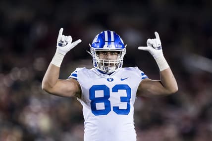 Nov 26, 2022; Stanford, California, USA;  Brigham Young Cougars tight end Isaac Rex (83) reacts after a Cougars touchdown against the Stanford Cardinal during the first half at Stanford Stadium. Mandatory Credit: John Hefti-USA TODAY Sports