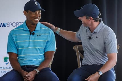 Tiger Woods and Rory McIlroy talk with Erin Andrews during a morning media event before groundbreaking ceremony at Palm Beach State College in Palm Beach Gardens, Fla., on February 20, 2023. It will be the future site of TGL, a new golf league played in a stadium and launched in partnership with the PGA.

Syndication Palm Beach Post