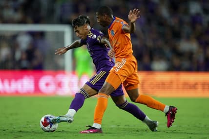 Mar 4, 2023; Orlando, Florida, USA;  Orlando City SC forward Facundo Torres (17) controls the ball from FC Cincinnati defender Ray Gaddis (28) in the second half at Exploria Stadium. Mandatory Credit: Nathan Ray Seebeck-USA TODAY Sports