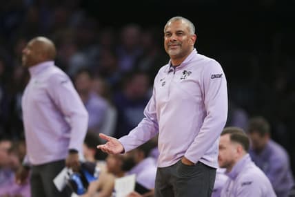 Mar 25, 2023; New York, NY, USA; Kansas State Wildcats head coach Jerome Tang reacts during the first half of an NCAA tournament East Regional final against the Florida Atlantic Owls at Madison Square Garden. Mandatory Credit: Brad Penner-USA TODAY Sports