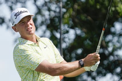 May 13, 2023; McKinney, Texas, USA; Vincent Norrman watches his shot from the second tee during the third round of the AT&T Byron Nelson golf tournament. Mandatory Credit: Raymond Carlin III-USA TODAY Sports