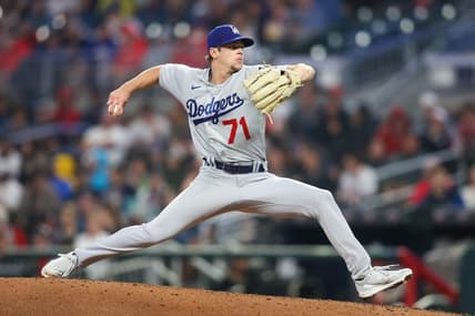 May 22, 2023; Atlanta, Georgia, USA; Los Angeles Dodgers starting pitcher Gavin Stone (71) throws against the Atlanta Braves in the fourth inning at Truist Park. Mandatory Credit: Brett Davis-USA TODAY Sports