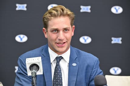 Jul 12, 2023; Arlington, TX, USA; BYU Cougars quarterback Kedon Slovis is interviewed during Big 12 football media day at AT&T Stadium. Mandatory Credit: Jerome Miron-USA TODAY Sports