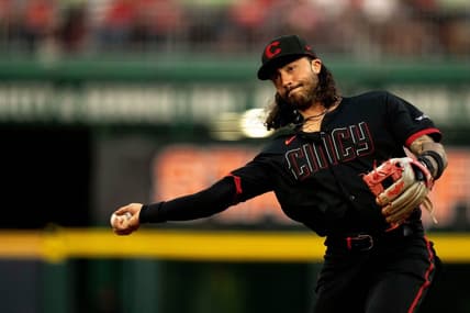 Jul 21, 2023; Cincinnati, Ohio, USA; Cincinnati Reds second baseman Jonathan India (6) throws to retire Arizona Diamondbacks center fielder Alek Thomas (not pictured) in the fifth inning at Great American Ball Park. Mandatory Credit: Albert Cesare/Cincinnati Enquirer-USA TODAY Sports