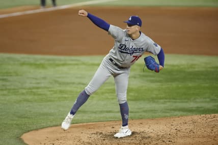 Jul 22, 2023; Arlington, Texas, USA; Los Angeles Dodgers starting pitcher Bobby Miller (70) pitches in the fourth inning against the Texas Rangers at Globe Life Field. Mandatory Credit: Tim Heitman-USA TODAY Sports