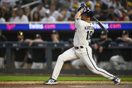 Jul 24, 2023; Minneapolis, Minnesota, USA;  Minnesota Twins infielder Alex Kirilloff (19) hits a double against the Seattle Mariners during the ninth inning at Target Field. Mandatory Credit: Nick Wosika-USA TODAY Sports