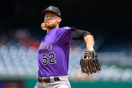 Jul 26, 2023; Washington, District of Columbia, USA; Colorado Rockies relief pitcher Daniel Bard (52) throws a pitch during the ninth inning against the Washington Nationals at Nationals Park. Mandatory Credit: Reggie Hildred-USA TODAY Sports