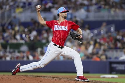 Jul 29, 2023; Miami, Florida, USA; Miami Marlins relief pitcher Jorge Lopez (52) delivers a pitch against the Detroit Tigers during the eighth inning at loanDepot Park. Mandatory Credit: Sam Navarro-USA TODAY Sports