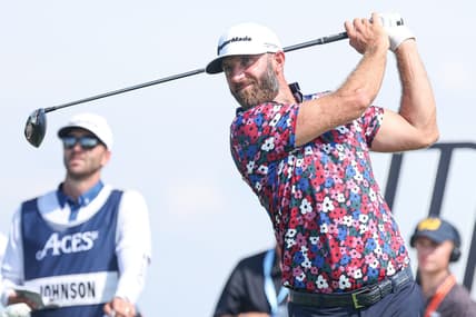 Aug 11, 2023; Bedminster, New Jersey, USA; Dustin Johnson plays his shot from the first tee during the first round of the LIV Golf Bedminster golf tournament at Trump National Bedminster. Mandatory Credit: Vincent Carchietta-USA TODAY Sports