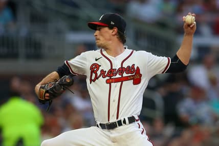 Aug 14, 2023; Atlanta, Georgia, USA; Atlanta Braves starting pitcher Max Fried (54) throws against the New York Yankees in the second inning at Truist Park. Mandatory Credit: Brett Davis-USA TODAY Sports