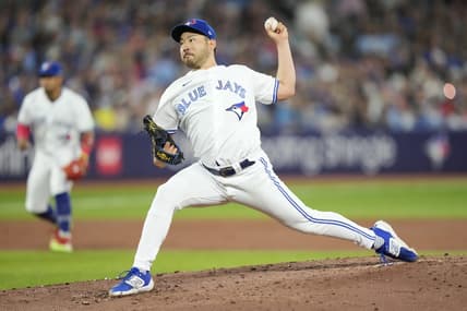 Aug 15, 2023; Toronto, Ontario, CAN; Toronto Blue Jays starting pitcher Yusei Kikuchi (16) pitches to the Philadelphia Phillies during the second inning at Rogers Centre. Mandatory Credit: John E. Sokolowski-USA TODAY Sports