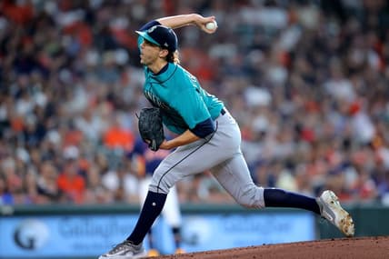 Aug 19, 2023; Houston, Texas, USA; Seattle Mariners starting pitcher Logan Gilbert (36) delivers a pitch against the Houston Astros during the first inning during the first inning at Minute Maid Park. Mandatory Credit: Erik Williams-USA TODAY Sports
