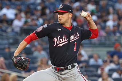 Aug 23, 2023; Bronx, New York, USA; Washington Nationals starting pitcher MacKenzie Gore (1) delivers a pitch during the first inning against the New York Yankees at Yankee Stadium. Mandatory Credit: Vincent Carchietta-USA TODAY Sports