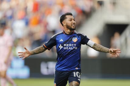 Aug 23, 2023; Cincinnati, OH, USA; FC Cincinnati midfielder Luciano Acosta (10) celebrates goal in the first half against the Inter Miami at TQL Stadium. Mandatory Credit: Katie Stratman-USA TODAY Sports
