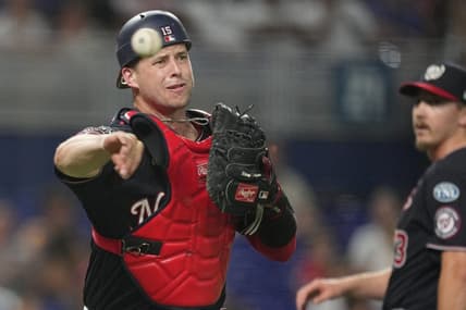 Aug 25, 2023; Miami, Florida, USA; Washington Nationals catcher Riley Adams (15) throws out Miami Marlins right fielder Jesus Sanchez (7) in the ninth inning at loanDepot Park. Mandatory Credit: Jim Rassol-USA TODAY Sports