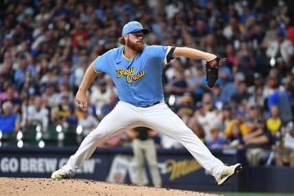 Aug 25, 2023; Milwaukee, Wisconsin, USA; Milwaukee Brewers starting pitcher Brandon Woodruff (53) delivers a pitch against the San Diego Padres in the fifth inning at American Family Field. Mandatory Credit: Michael McLoone-USA TODAY Sports