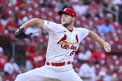 Aug 29, 2023; St. Louis, Missouri, USA;  St. Louis Cardinals starting pitcher Zack Thompson (57) pitches against the San Diego Padres during the first inning at Busch Stadium. Mandatory Credit: Jeff Curry-USA TODAY Sports