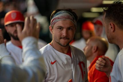 Aug 29, 2023; San Francisco, California, USA;  San Francisco Giants catcher Patrick Bailey (14) celebrates with teammates in the dugout after hitting a two-run home run against the Cincinnati Reds during the third inning at Oracle Park. Mandatory Credit: Neville E. Guard-USA TODAY Sports