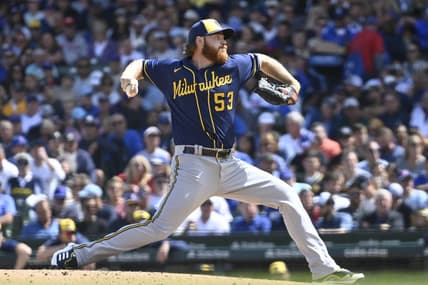 Aug 30, 2023; Chicago, Illinois, USA; Milwaukee Brewers starting pitcher Brandon Woodruff (53) delivers  against the Chicago Cubs during the second inning at Wrigley Field. Mandatory Credit: Matt Marton-USA TODAY Sports