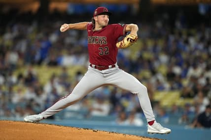 Aug 29, 2023; Los Angeles, California, USA; Arizona Diamondbacks starting pitcher Brandon Pfaadt (32) throws in the second inning against the Los Angeles Dodgers at Dodger Stadium. Mandatory Credit: Kirby Lee-USA TODAY Sports