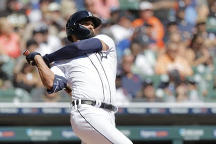 Aug 31, 2023; Detroit, Michigan, USA; Detroit Tigers center fielder Riley Greene (31) hits an RBI single in the fifth inning against the New York Yankees at Comerica Park. Mandatory Credit: Rick Osentoski-USA TODAY Sports
