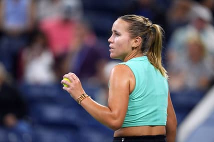 Aug 31, 2023; Flushing, NY, USA; Sofia Kenin of the United States wins a point against Daria Kasatkina on day four of the 2023 U.S. Open tennis tournament at USTA Billie Jean King National Tennis Center. Mandatory Credit: Danielle Parhizkaran-USA TODAY Sports