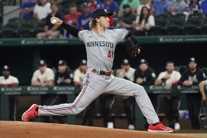 Sep 1, 2023; Arlington, Texas, USA; Minnesota Twins starting pitcher Joe Ryan (41) throws to the plate during the first inning against the Texas Rangers at Globe Life Field. Mandatory Credit: Raymond Carlin III-USA TODAY Sports
