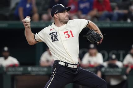 Sep 1, 2023; Arlington, Texas, USA; Texas Rangers starting pitcher Max Scherzer (31) throws to the plate during the first inning against the Minnesota Twins at Globe Life Field. Mandatory Credit: Raymond Carlin III-USA TODAY Sports