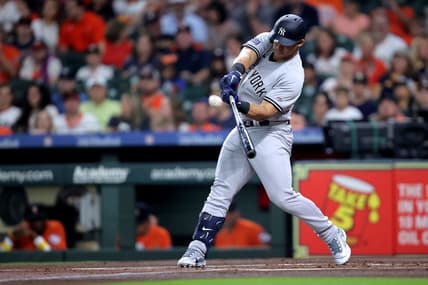 Sep 1, 2023; Houston, Texas, USA; New York Yankees center fielder Jasson Dominguez (89) hits a two-run home run home run to left field against the Houston Astros during the first inning at Minute Maid Park. Mandatory Credit: Erik Williams-USA TODAY Sports