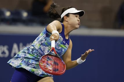 Sep 1, 2023; Flushing, NY, USA; Lin Zhu of China serves against Belinda Bencic of Switzerland (not pictured) on day five of the 2023 U.S. Open tennis tournament at USTA Billie Jean King National Tennis Center. Mandatory Credit: Geoff Burke-USA TODAY Sports