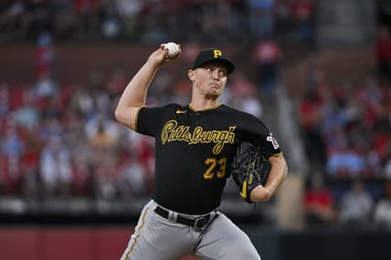Sep 1, 2023; St. Louis, Missouri, USA;  Pittsburgh Pirates starting pitcher Mitch Keller (23) pitches against the St. Louis Cardinals during the first inning at Busch Stadium. Mandatory Credit: Jeff Curry-USA TODAY Sports