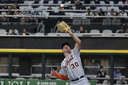 Sep 1, 2023; Chicago, Illinois, USA; Detroit Tigers right fielder Kerry Carpenter (30) catches a fly ball in foul territory  hit by Chicago White Sox first baseman Andrew Vaughn (not shown) during the second inning at Guaranteed Rate Field. Mandatory Credit: Matt Marton-USA TODAY Sports