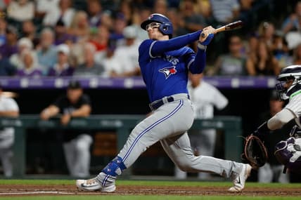 Sep 1, 2023; Denver, Colorado, USA; Toronto Blue Jays catcher Danny Jansen (9) watches his ball on a two run home run in the sixth inning against the Colorado Rockies at Coors Field. Mandatory Credit: Isaiah J. Downing-USA TODAY Sports
