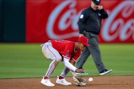 Sep 1, 2023; Oakland, California, USA;  Los Angeles Angels shortstop Kyren Paris (19) fields a ground ball during the third inning against the Oakland Athletics at Oakland-Alameda County Coliseum. Mandatory Credit: Neville E. Guard-USA TODAY Sports