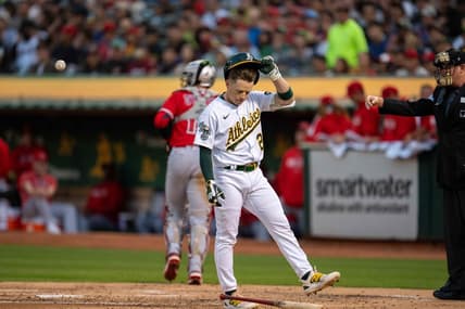 Sep 1, 2023; Oakland, California, USA;  Oakland Athletics shortstop Nick Allen (2) reacts after a called third strike against the Los Angeles Angels during the second inning at Oakland-Alameda County Coliseum. Mandatory Credit: Neville E. Guard-USA TODAY Sports