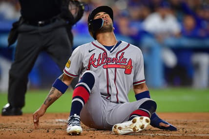 September 1, 2023; Los Angeles, California, USA; Atlanta Braves left fielder Eddie Rosario (8) reacts after caught stealing home against the Los Angeles Dodgers during the second inning at Dodger Stadium. Mandatory Credit: Gary A. Vasquez-USA TODAY Sports