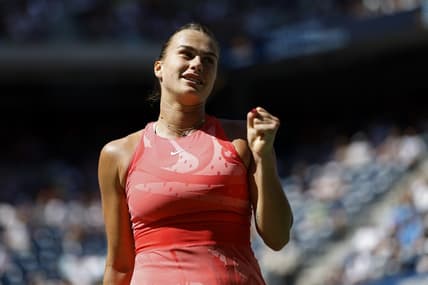 Sep 2, 2023; Flushing, NY, USA; Aryna Sabalenka reacts after winning a point against Clara Burel of France (not pictured) on day six of the 2023 U.S. Open tennis tournament at USTA Billie Jean King National Tennis Center. Mandatory Credit: Geoff Burke-USA TODAY Sports
