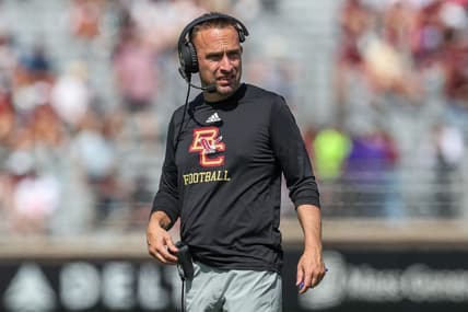 Sep 2, 2023; Chestnut Hill, Massachusetts, USA; Boston College Easgles head coach Jeff Hafley reacts during the second half against the Northern Illinois Huskies at Alumni Stadium. Mandatory Credit: Paul Rutherford-USA TODAY Sports