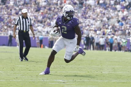 Sep 2, 2023; Fort Worth, Texas, USA; TCU Horned Frogs running back Trey Sanders (2) scores a touchdown in the game against the Colorado Buffaloes at Amon G. Carter Stadium. Mandatory Credit: Tim Heitman-USA TODAY Sports