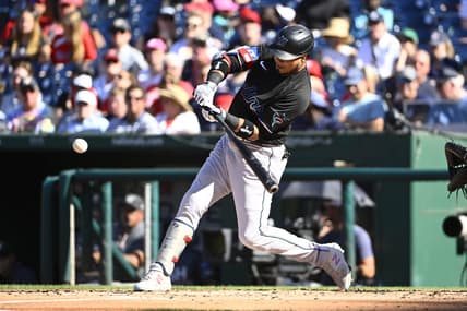 Sep 2, 2023; Washington, District of Columbia, USA; Miami Marlins second baseman Luis Arraez (3) hits a RBI single against the Washington Nationals during the second inning at Nationals Park. Mandatory Credit: Brad Mills-USA TODAY Sports