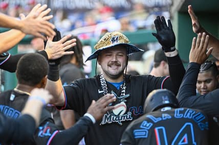 Sep 2, 2023; Washington, District of Columbia, USA; Miami Marlins third baseman Jake Burger (36) is congratulated by teammates after hitting a solo home run against the Washington Nationals during the third inning at Nationals Park. Mandatory Credit: Brad Mills-USA TODAY Sports