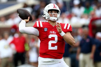 Sep 2, 2023; Oxford, Mississippi, USA; Mississippi Rebels quarterback Jaxson Dart (2) passes the ball during the first half against the Mercer Bears at Vaught-Hemingway Stadium. Mandatory Credit: Petre Thomas-USA TODAY Sports