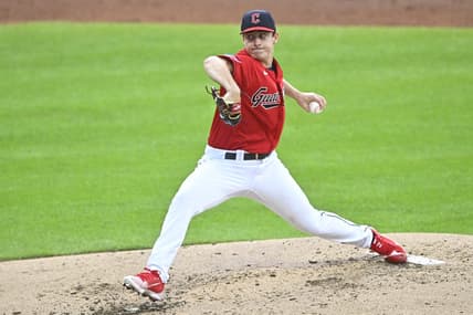 Sep 2, 2023; Cleveland, Ohio, USA; Cleveland Guardians starting pitcher Logan Allen (41) delivers against the Tampa Bay Rays in the second inning at Progressive Field. Mandatory Credit: David Richard-USA TODAY Sports